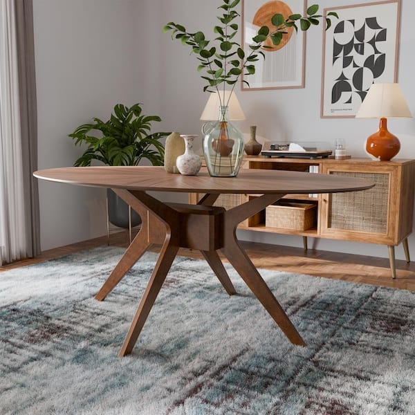 Dining Table Oval Shape Walnut Finish Tapered Legs Mid-Century