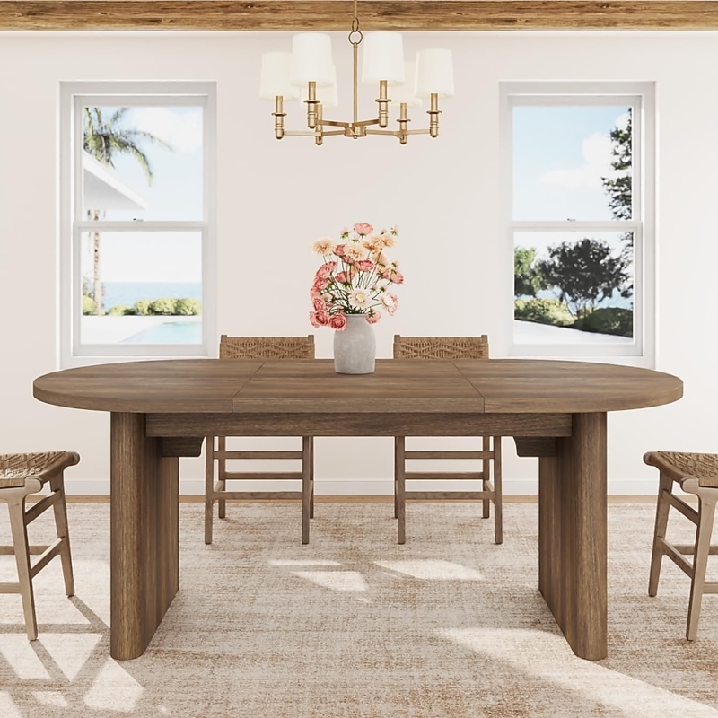 Dining Table Oval Tabletop Sculptural U Shaped Base Walnut Finish