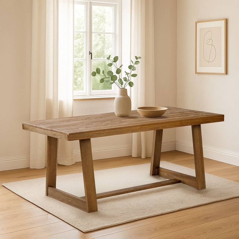 Dining Table Pecan Wirebrush Finish Block Legs Farmhouse Style