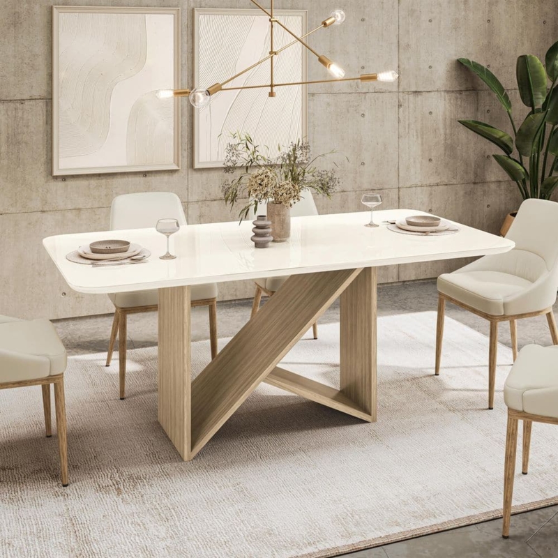 Dining Table Pedestal Base Painted Glass Top Light Oak Contemporary Italian