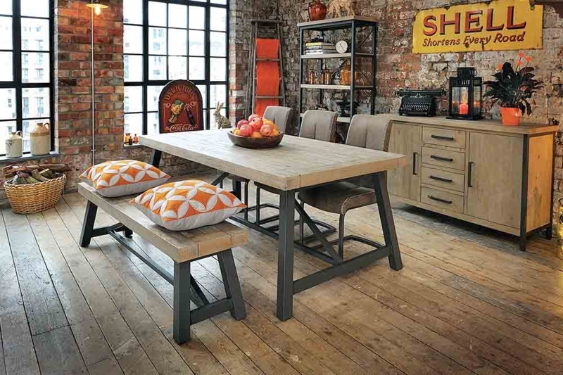 Dining Table Reclaimed Wood Top Distressed Finish Sled Legs Industrial