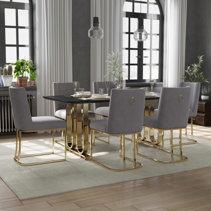 Dining Table Rectangular Black Faux Marble Twin Metal Bases