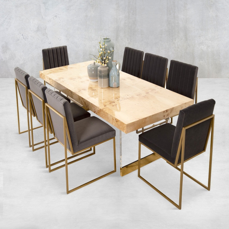 Dining Table Rectangular Burl Wood Veneer Gold Slab Legs