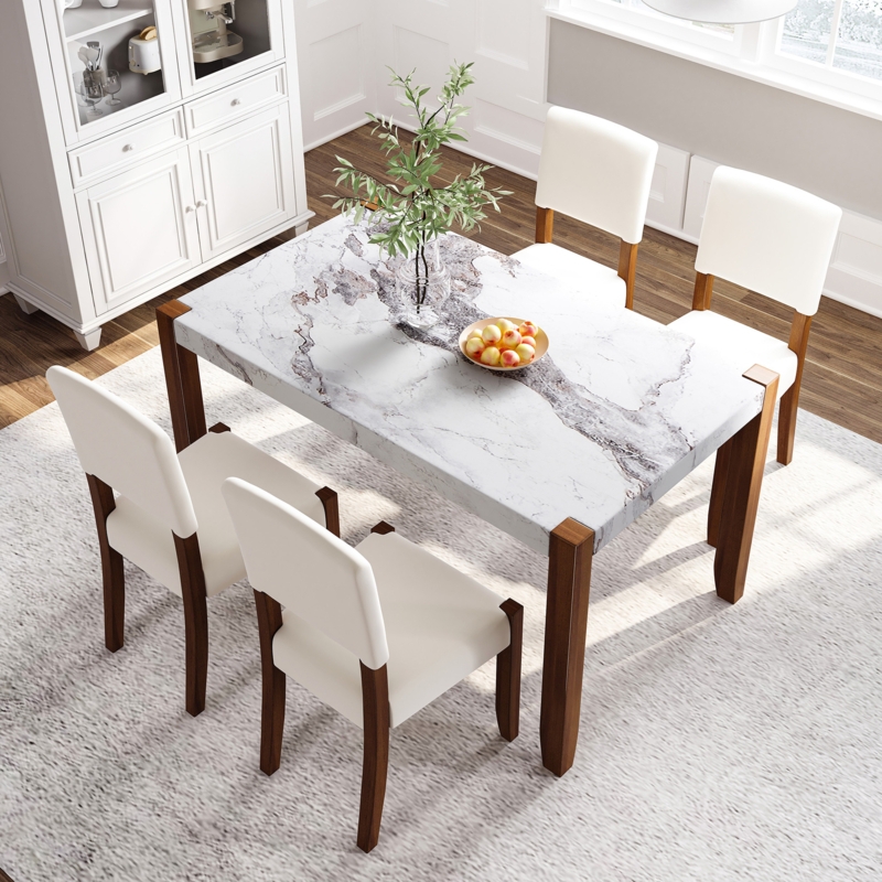 Dining Table Rectangular Faux Marble Top, Flared Wood Legs, Mid-Century