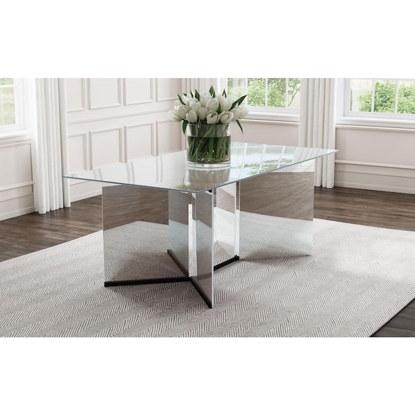 Dining Table Rectangular Full Mirrored Glass Trestle Base