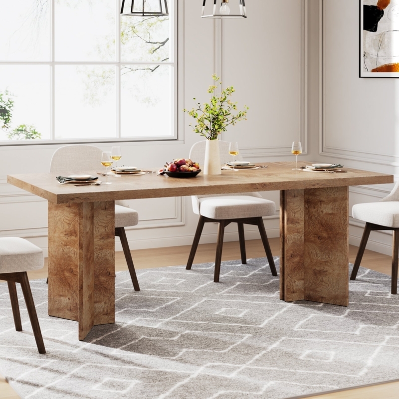 Dining Table Rectangular Light Oak Finish Block Legs Rustic