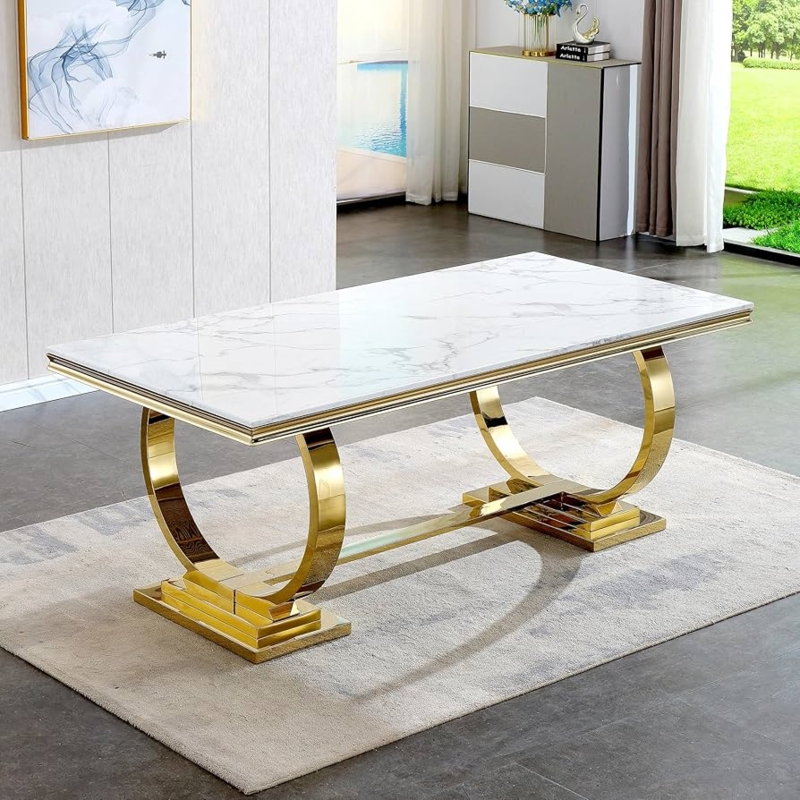 Dining Table Rectangular Polished Gold Geometric Base