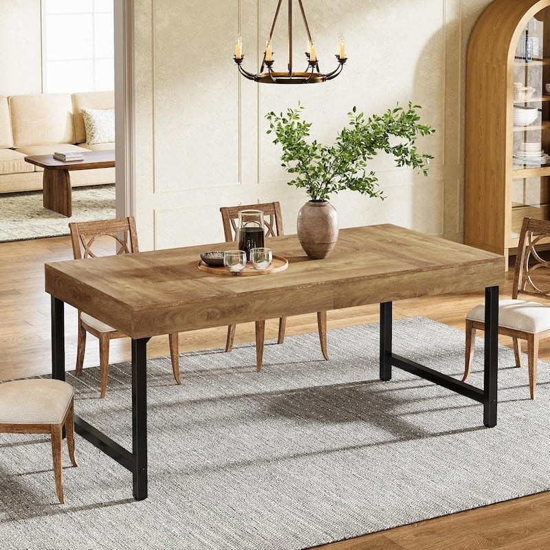 Dining Table Rectangular Rustic Brown Metal Crossbar Support Minimalist