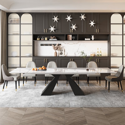 Dining Table Rectangular Stone-Like Top, Angular Metal Base for Ten
