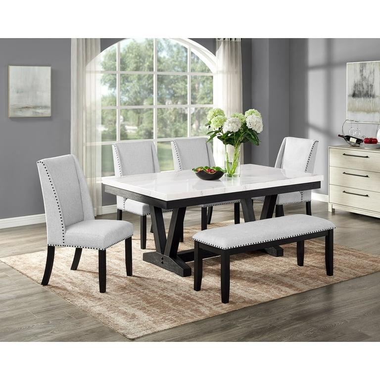 Dining Table Rectangular Stone Top with Black Trestle Base