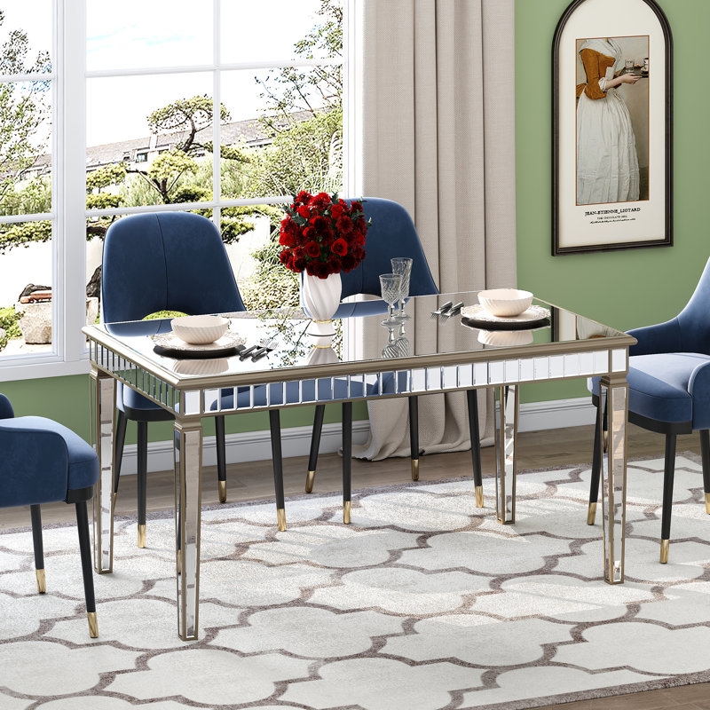 Dining Table Rectangular Tapered Legs Antique Mirrored Finish Elegant