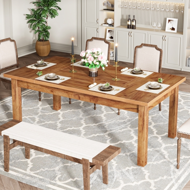 Dining Table Rectangular Thick Slab Block Legs Modern Wood