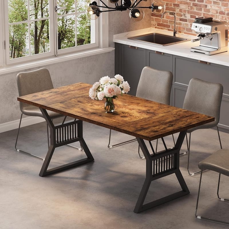 Dining Table Rectangular Thick Wood Top Black Metal X-Frame Legs