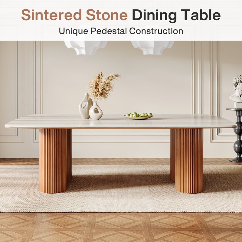 Dining Table Rectangular Travertine Stone Top Fluted Pedestal Base