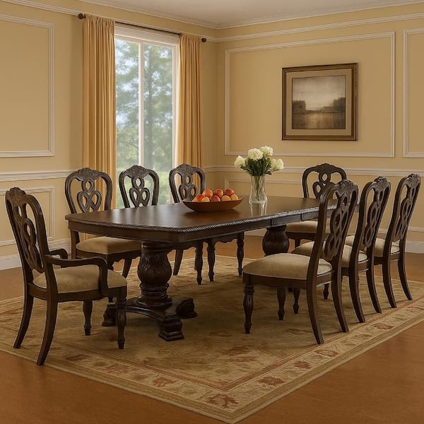 Dining Table Rectangular Warm Wood Double Pedestal Geometric Faceted