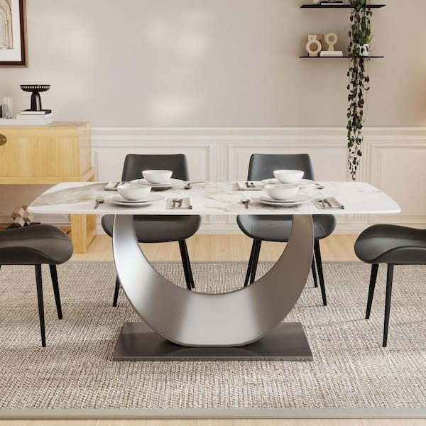 Dining Table Rectangular White Stone-Like Top, Gray Geometric Pedestal Base
