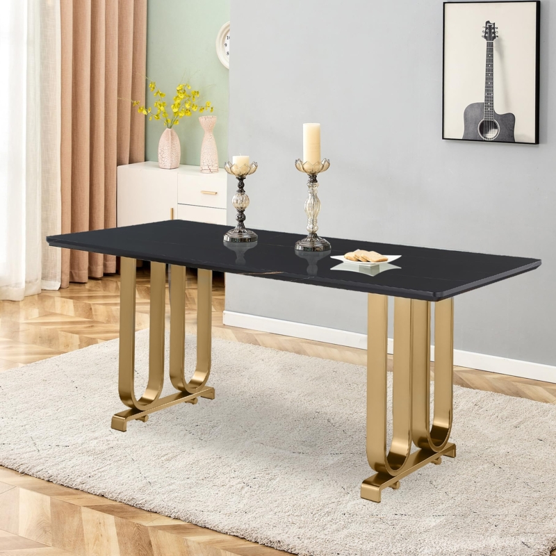Dining Table Rectangular White Stone Look Geometric Gold Base