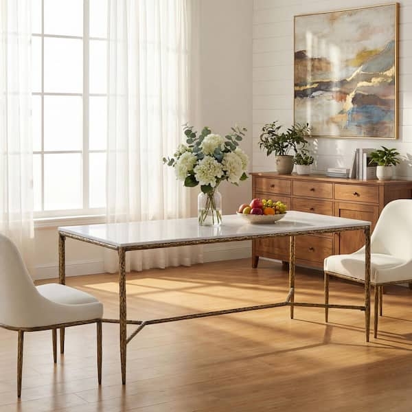 Dining Table Rectangular White Wood with Forged Brass Legs