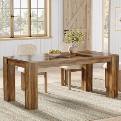 Dining Table Rectangular Wood Grain Black Metal Trestle Base