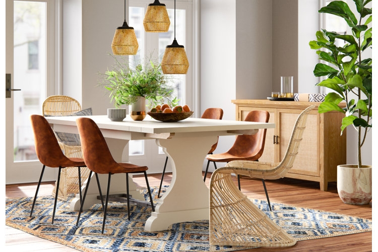 Dining Table Rectangular Wood Wagon Wheel Chandelier Oversized Mirror