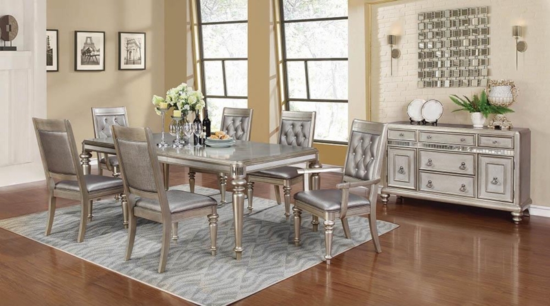 Dining Table Rhinestone Trim Platinum Finish Hollywood Regency Design