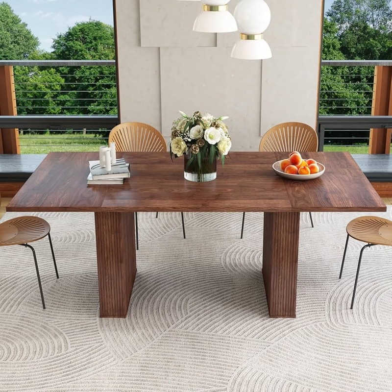 Dining Table Ribbed Pedestal Base Architectural Wood Furniture