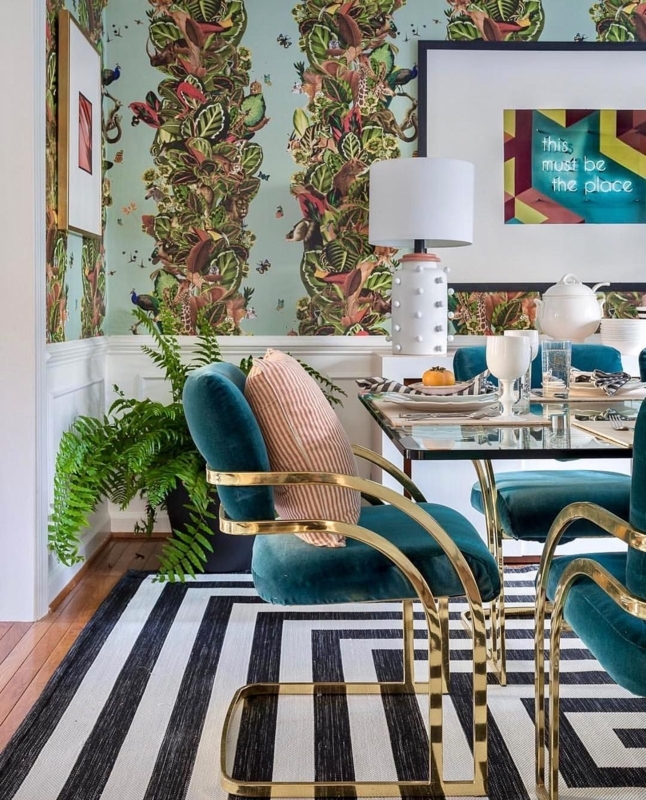 Dining Table Round Black Stone Gold Pedestal Teal Velvet Chairs