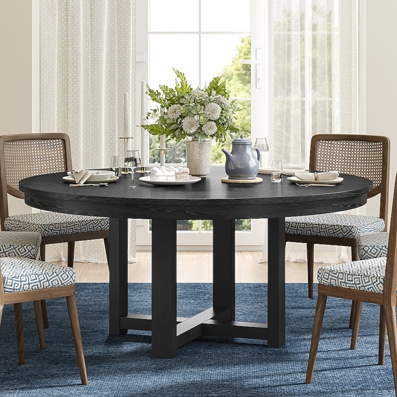 Dining Table Round Black Wood Grain Ribbed Pedestal Base Modern