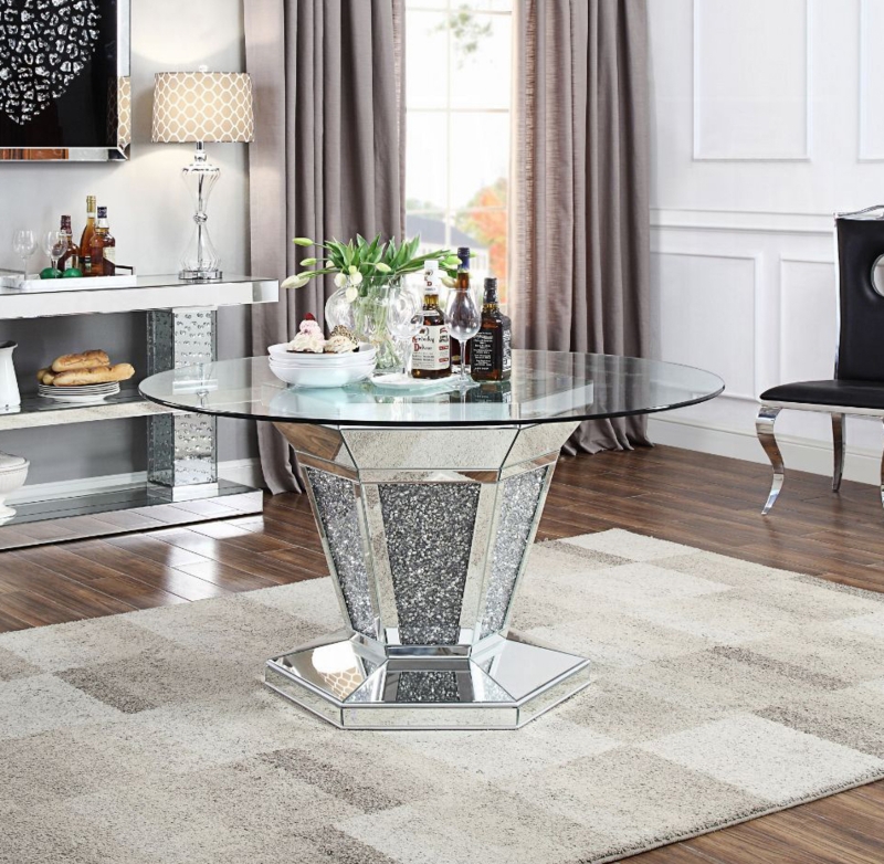 Dining Table Round Glass Top Crystal Encrusted Pedestal Base