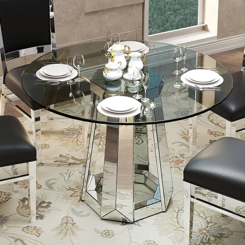 Dining Table Round Glass Top Ribbed Mirrored Pedestal Base