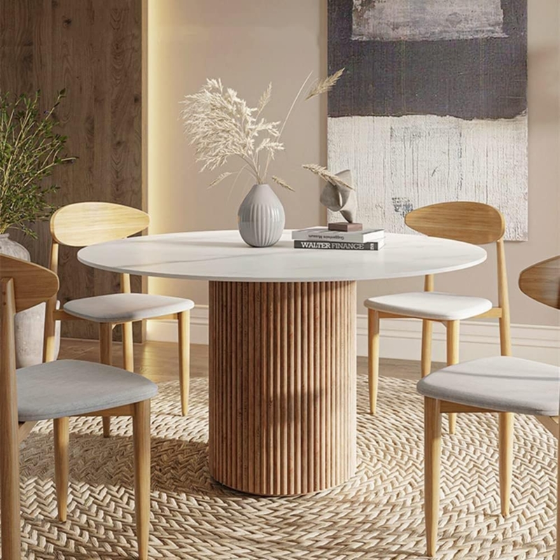 Dining Table Round Marbled Top, Ribbed Pedestal Base, Scandinavian
