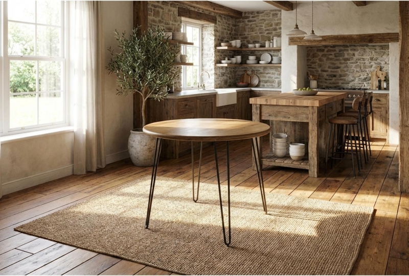 Dining Table Round Pedestal Base, Mango Wood Appearance, Minimalist