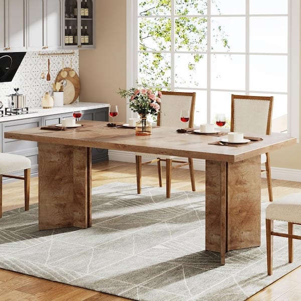 Dining Table Round Pedestal Natural Wood Tiered Base Seats Six