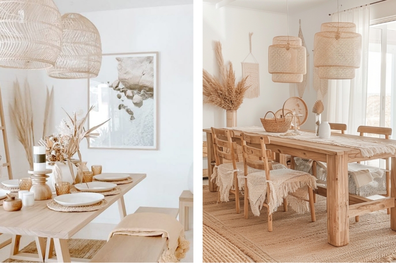 Dining Table Round Pedestal with Tiered Woven Pendants Installation
