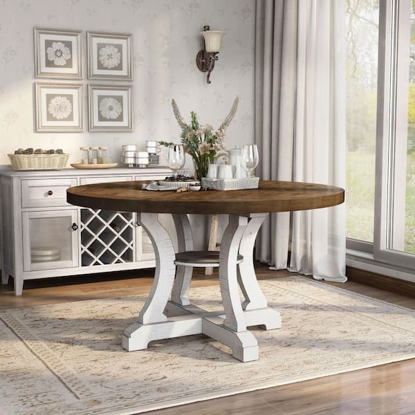 Dining Table Round Plank Top Distressed Pedestal Base Dark Oak White