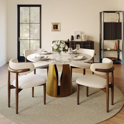 Dining Table Round Stone-Like Top, Black Tapered Pedestal Base, Modern
