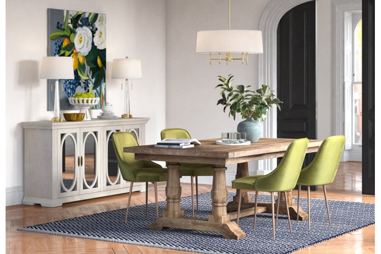 Dining Table Round Top Pedestal Base Drum Pendant Neutral Palette