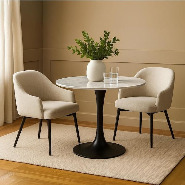 Dining Table Round Tulip Base with Woven Seat Chairs