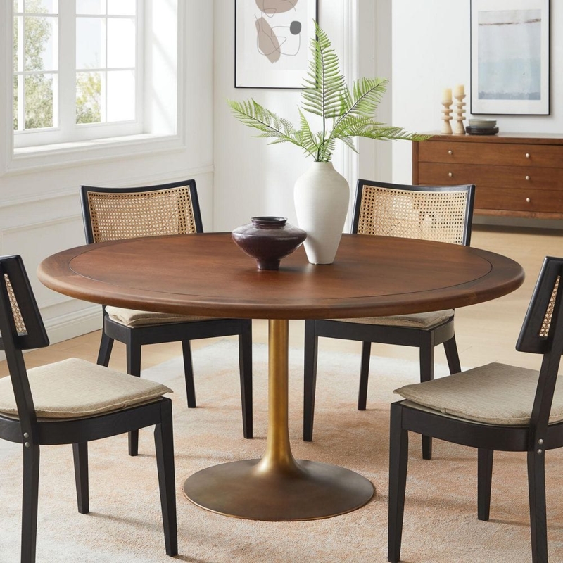 Dining Table Round Walnut Wood with Brass Pedestal Base