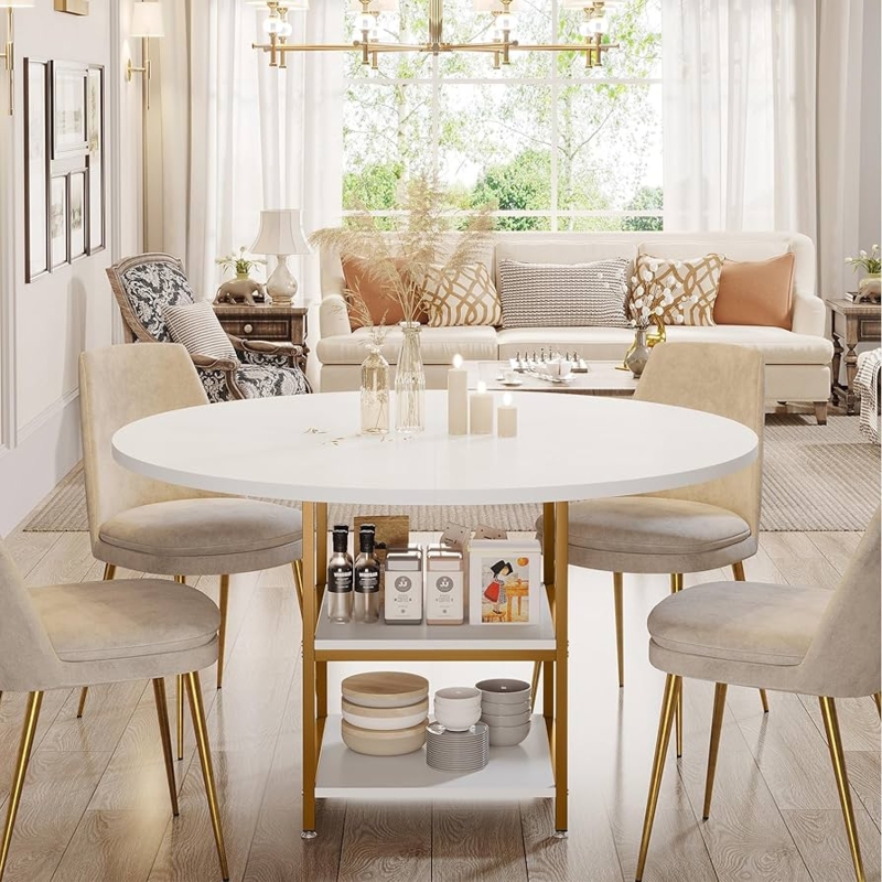 Dining Table Round White Faux Marble with Storage Shelves