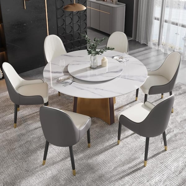 Dining Table Round White Marble Top Lazy Susan Pedestal Base