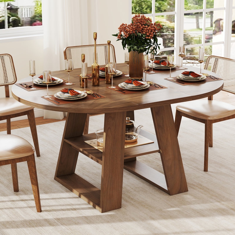 Dining Table Round Wood Extendable Slatted Pedestal Base with Shelf