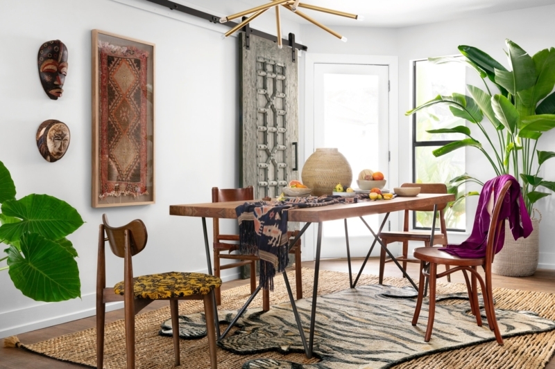 Dining Table: Round Wood Top with Eclectic Mismatched Seating