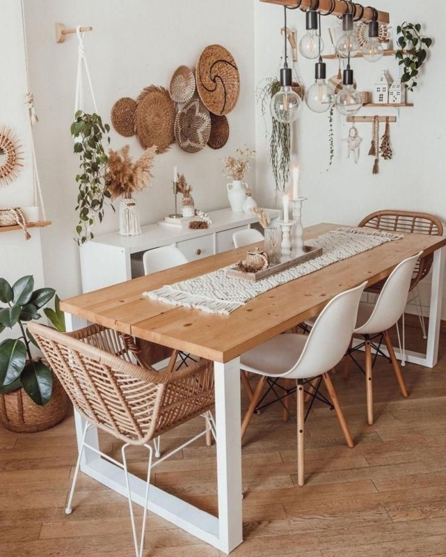 Dining Table: Round Wood Top with Scandinavian Spindle Back Chairs