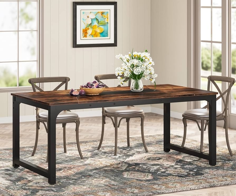 Dining Table Rustic Brown Thick Top U-Shaped Metal Legs