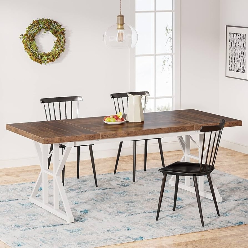 Dining Table, Rustic Brown Top & White Metal Trestle Legs