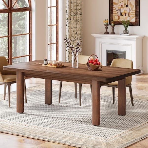 Dining Table Rustic Brown Wood Block Legs Thick Top Modern Farmhouse