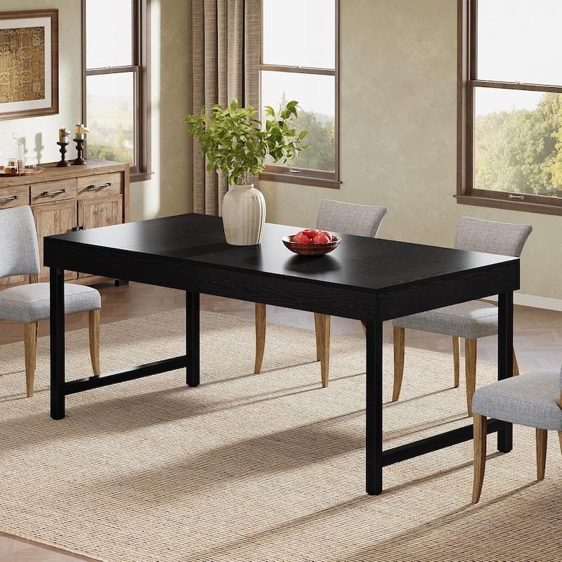 Dining Table Rustic Brown Wood Top Black Metal Sled Style Legs