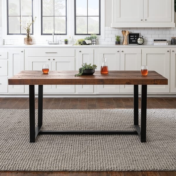 Dining Table Rustic Distressed Wood Finish Trestle Base Block Legs