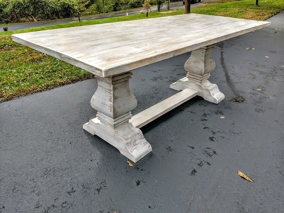 Dining Table Rustic Farmhouse Dark Wood Double Pedestal T-Base